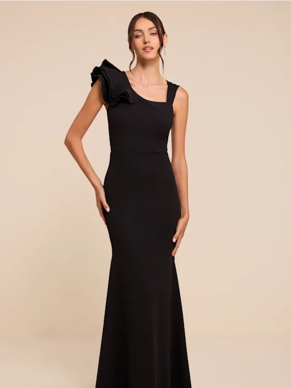 Lulu's Black One-Shoulder Ruffle Gown
